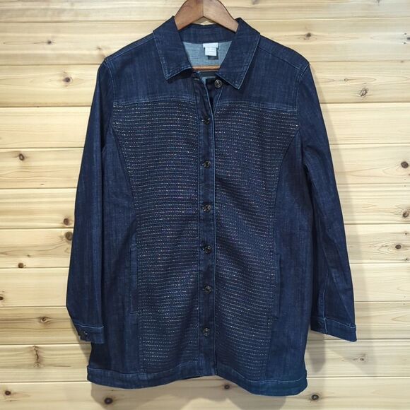 Chico's Jacket Womens Large Blue Denim Jacket with Metallic stitching Size 2 - Picture 1 of 9